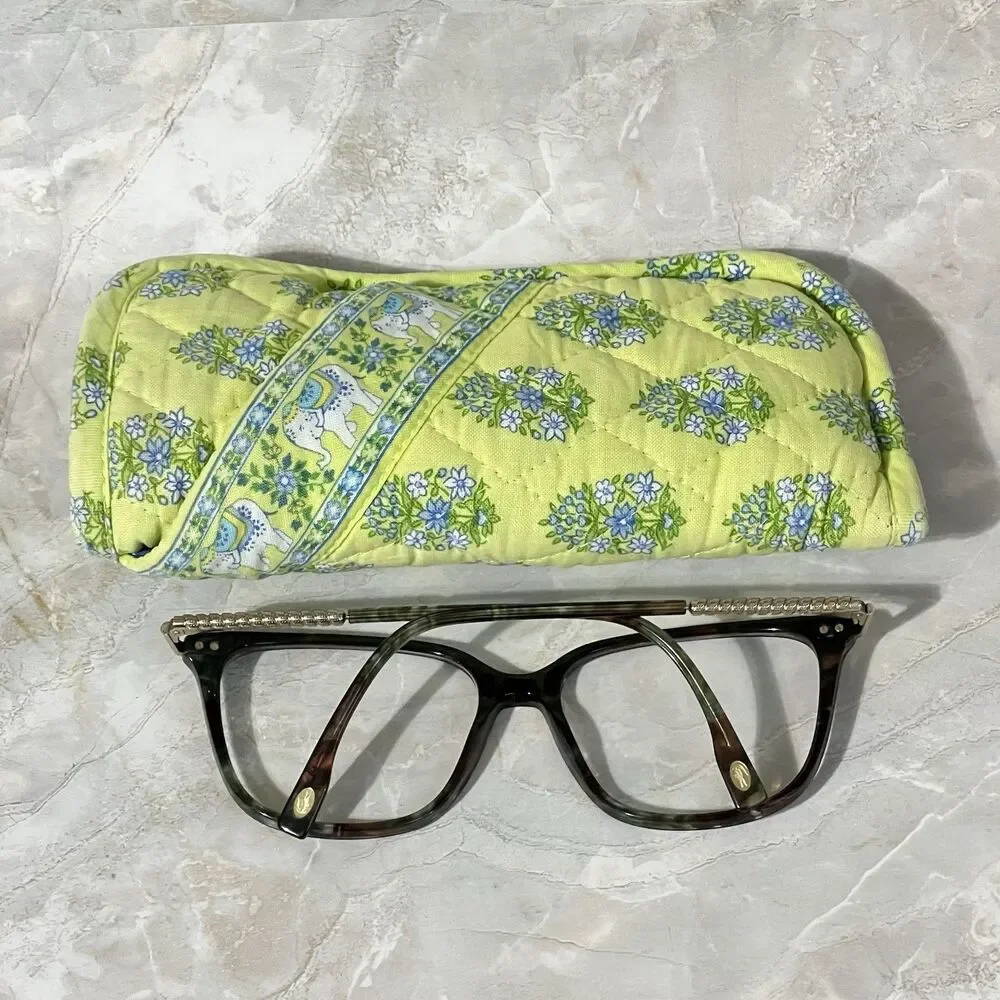 Vera Bradley Double Glass Case Quilted Floral Paisley Elephant Citrus Yellow - Picture 4 of 16